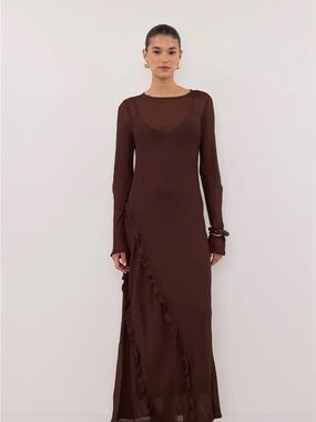 DISSH Chocolate Brown Long Sleeve Ruffle-Trim Maxi Dress